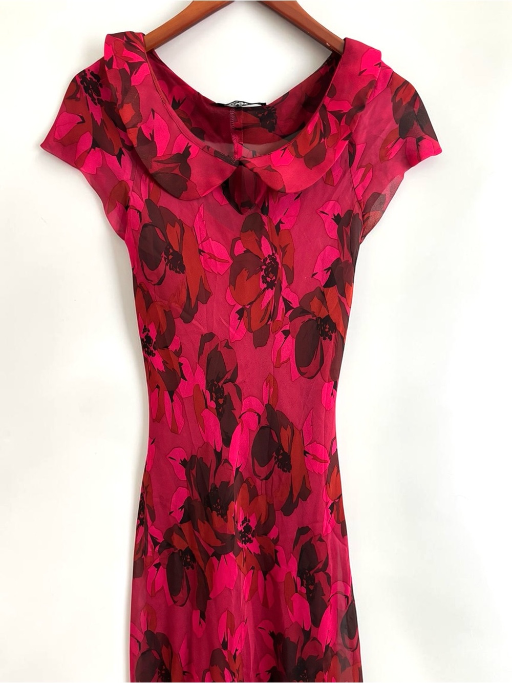 Vintage Betsey Johnson Dress Silk Floral Midi Red Black S/M - Picture 7 of 11